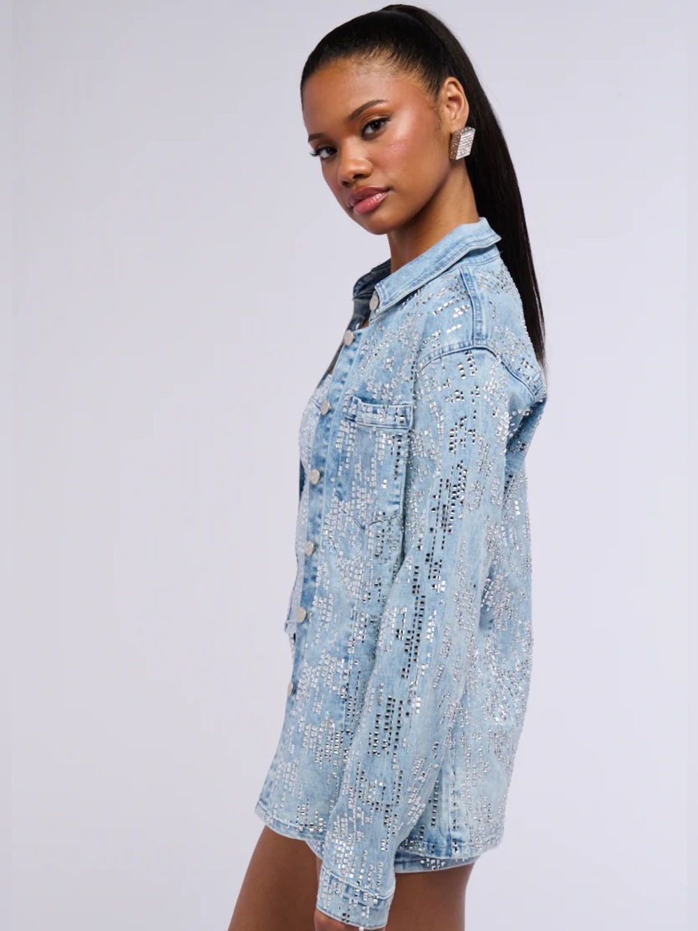Akira rhinestone studded stretch denim button-down Shacket blue extra large